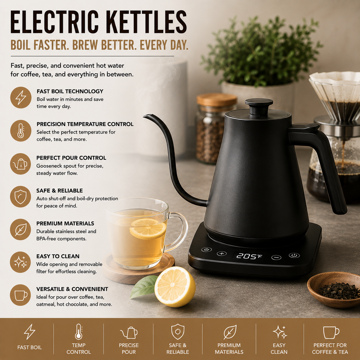 Electric Kettles for Coffee Brewing, Gooseneck Electric Kettles, Temperature Control Kettles, Fast Boil Water Kettles, Stainless Steel Tea Kettles, Pour Over Coffee Equipment and Premium Kitchen Appliances