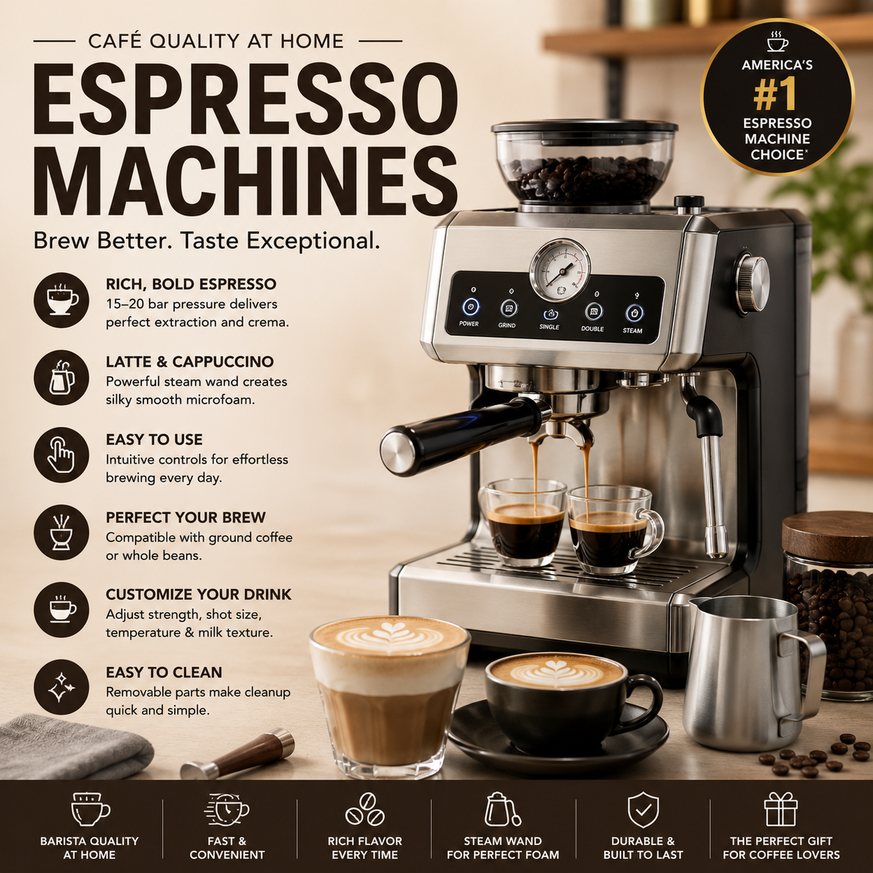 Espresso Machines for Home Coffee Bars, Automatic Espresso Makers, Cappuccino Machines, Latte Machines, Coffee Brewing Systems, Barista Style Espresso Coffee Makers and Premium Kitchen Coffee Appliances