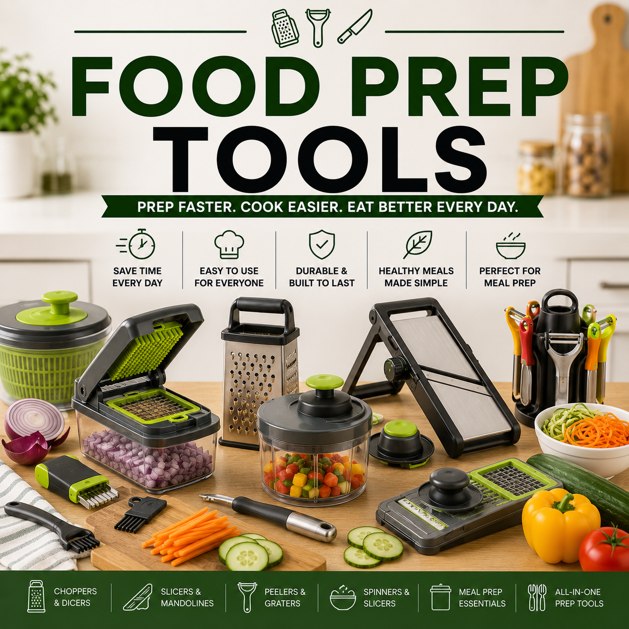 Food Prep Tools Collection Featuring Vegetable Choppers, Slicers, Peelers, Graters, Food Cutters, Meal Prep Gadgets, And Kitchen Preparation Essentials For Modern Kitchens