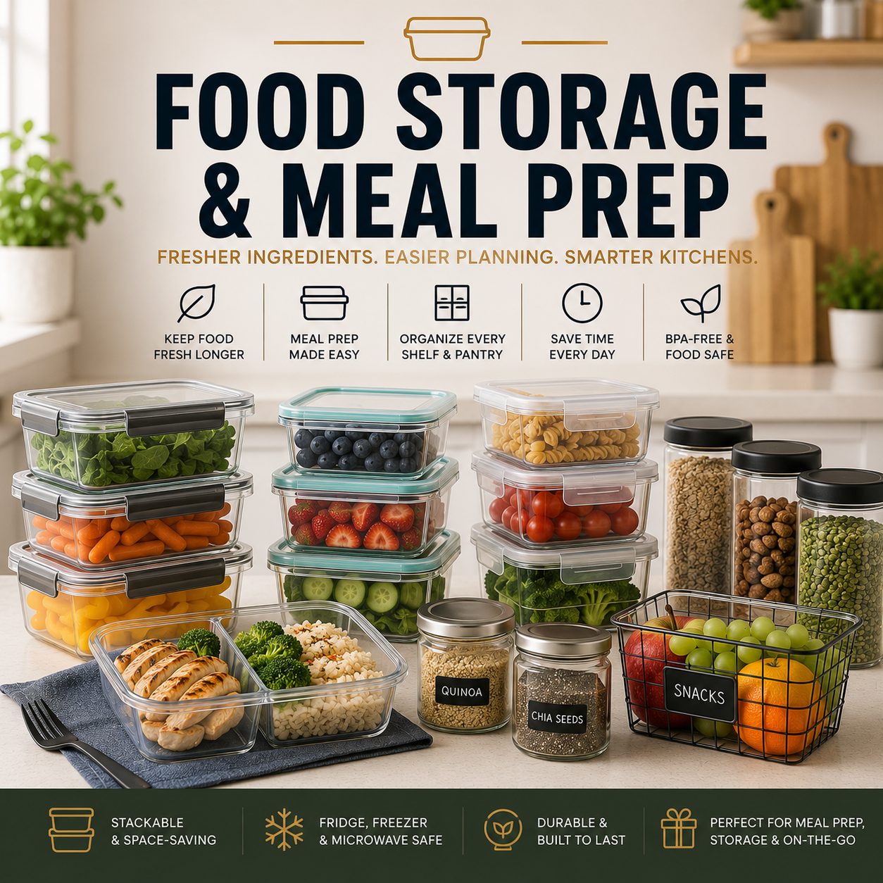 Food Storage And Meal Prep Collection Featuring Meal Prep Containers, Food Storage Solutions, Pantry Organization Products, Kitchen Storage Accessories, And Fresh Food Preservation Essentials