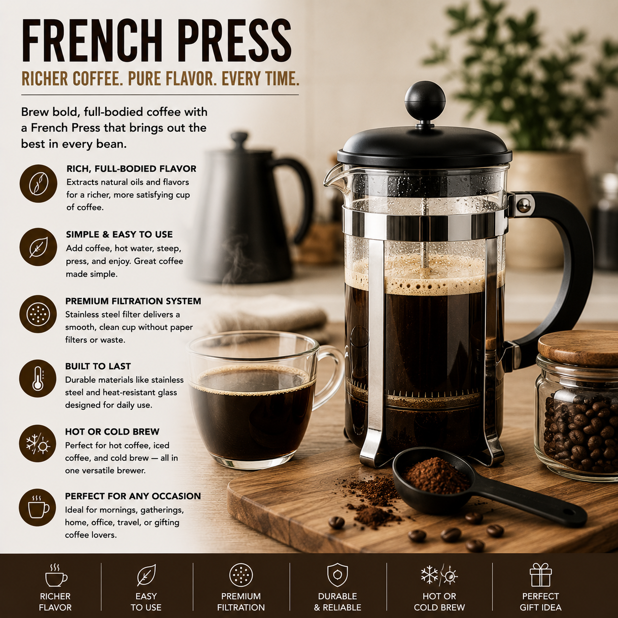 French Press Coffee Makers for Specialty Coffee Brewing, Stainless Steel French Presses, Glass Coffee Press Brewers, Coffee Brewing Equipment, Fresh Ground Coffee Preparation and Premium Home Coffee Accessories