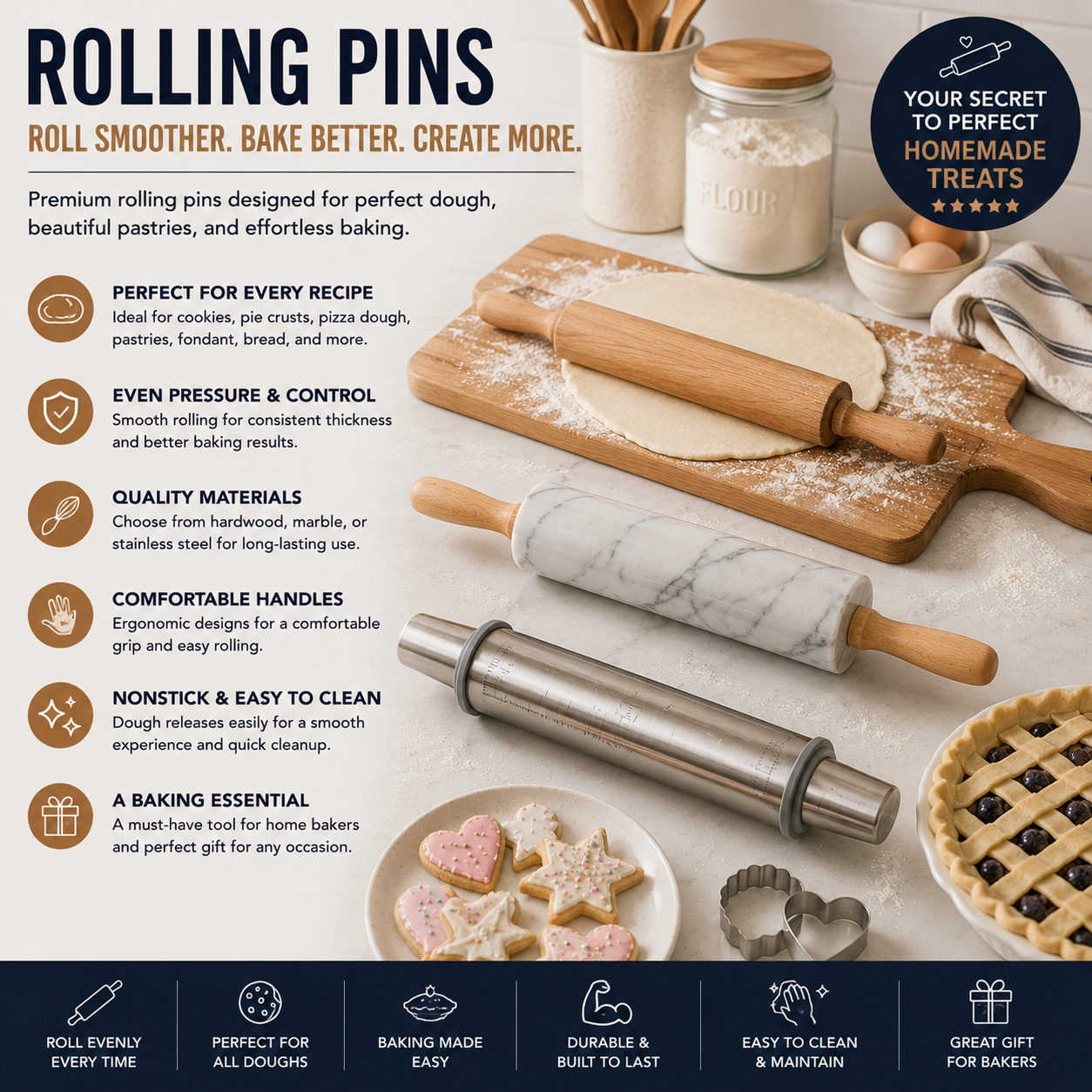French Rolling Pins for Cookie Dough, Pie Crusts, Pizza Dough, Pastry Making, Fondant Rolling, Wooden Rolling Pins, Baking Tools, Dough Rollers and Home Baking Essentials