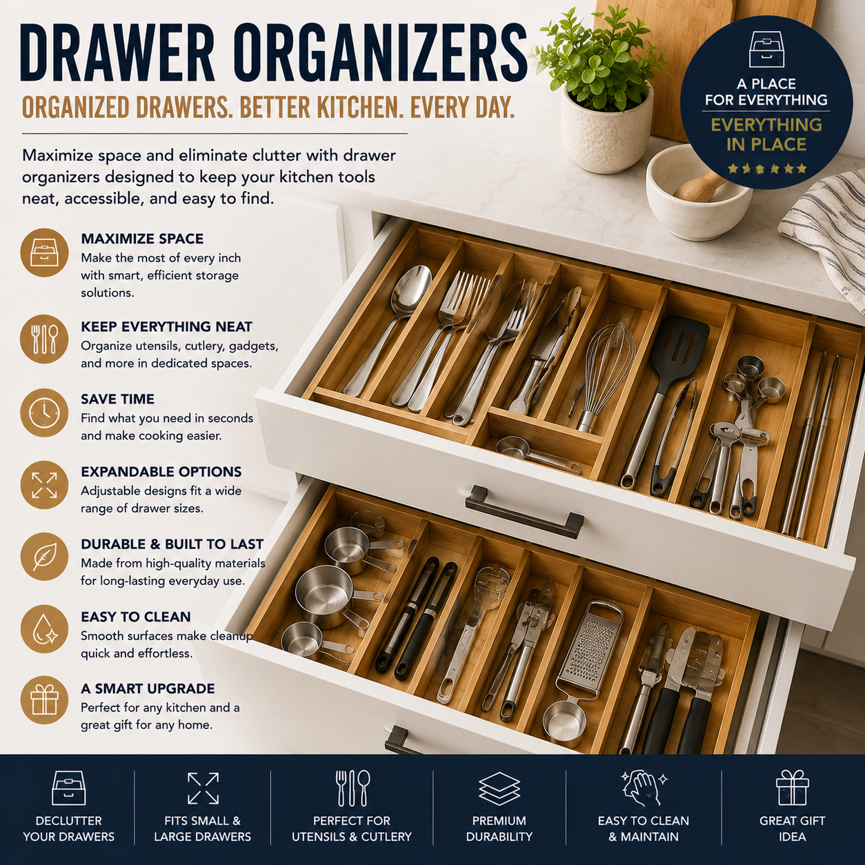 Kitchen Drawer Organizers for Utensils, Cutlery Storage, Expandable Drawer Dividers, Bamboo Drawer Organizers, Kitchen Storage Solutions, Drawer Inserts, Kitchen Organization Systems and Home Storage Essentials