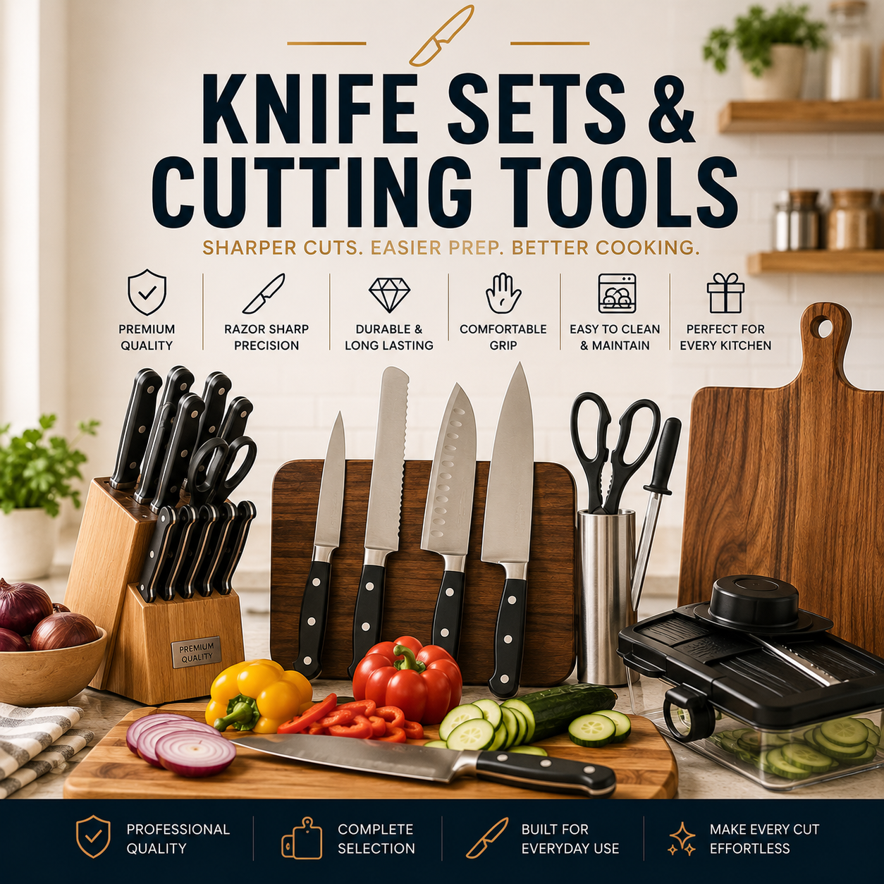 Knife Sets And Cutting Tools Collection Featuring Chef Knives, Knife Block Sets, Kitchen Shears, Utility Knives, Cutting Accessories, And Food Preparation Essentials