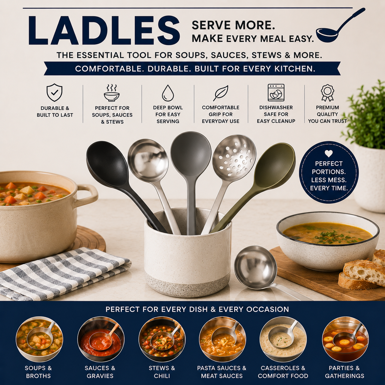 Ladles Collection Featuring Soup Ladles, Serving Ladles, Gravy Ladles, Silicone Ladles, Stainless Steel Ladles, Kitchen Serving Tools, And Everyday Cooking Essentials For Modern Kitchens