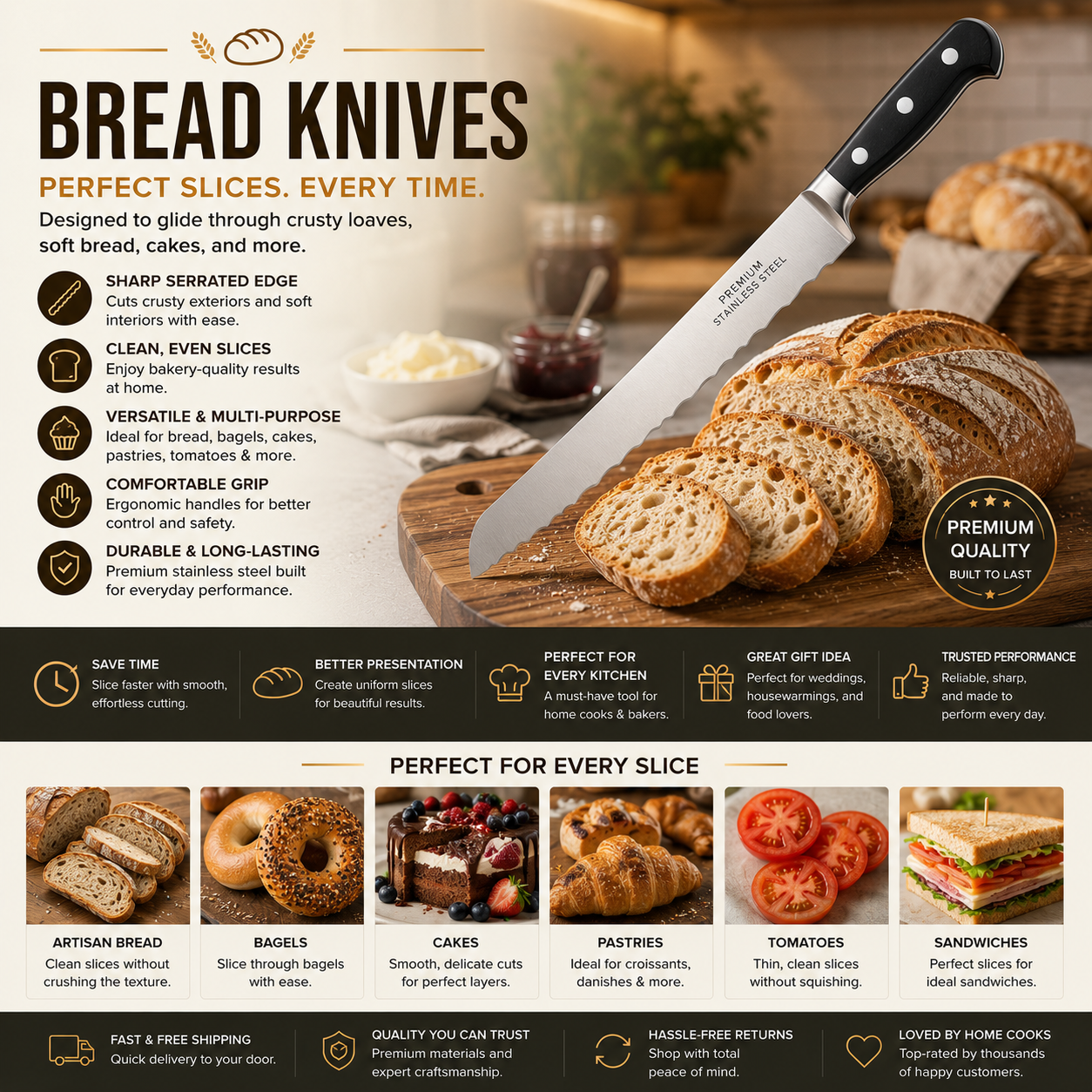 Premium Bread Knives for Slicing Artisan Bread, Bagels, Cakes, and Pastries in Modern Home Kitchens