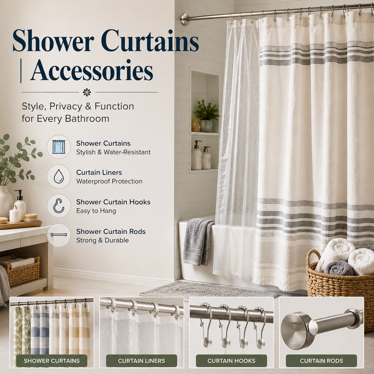 Shower curtains and accessories with curtain liner, hooks and shower curtain rod in a modern bathroom