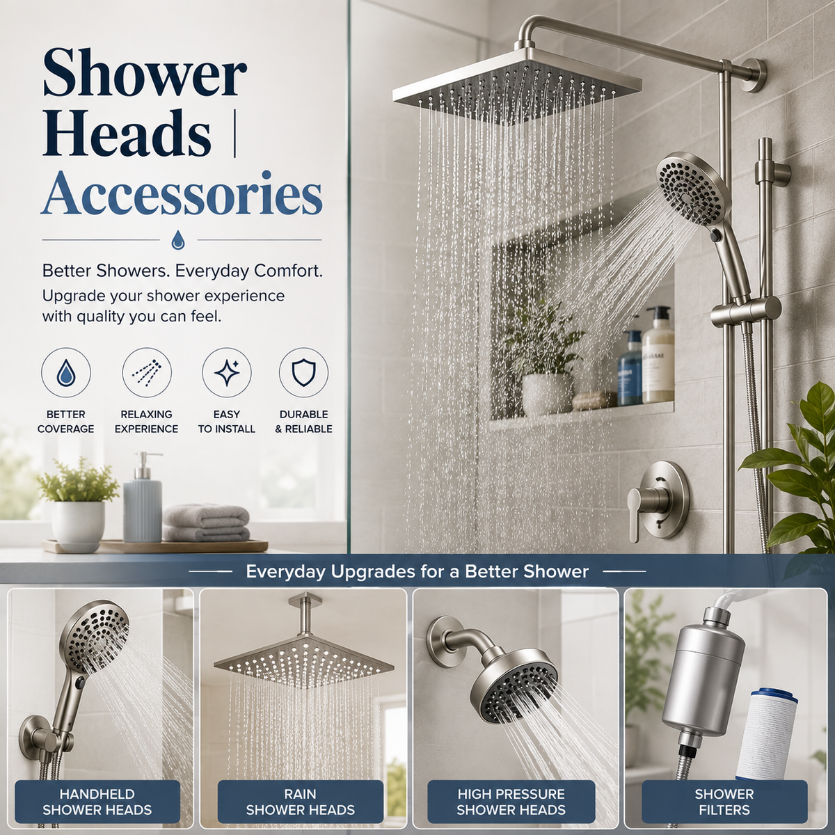 Shower heads and accessories including handheld, rain and high pressure shower heads in a modern bathroom
