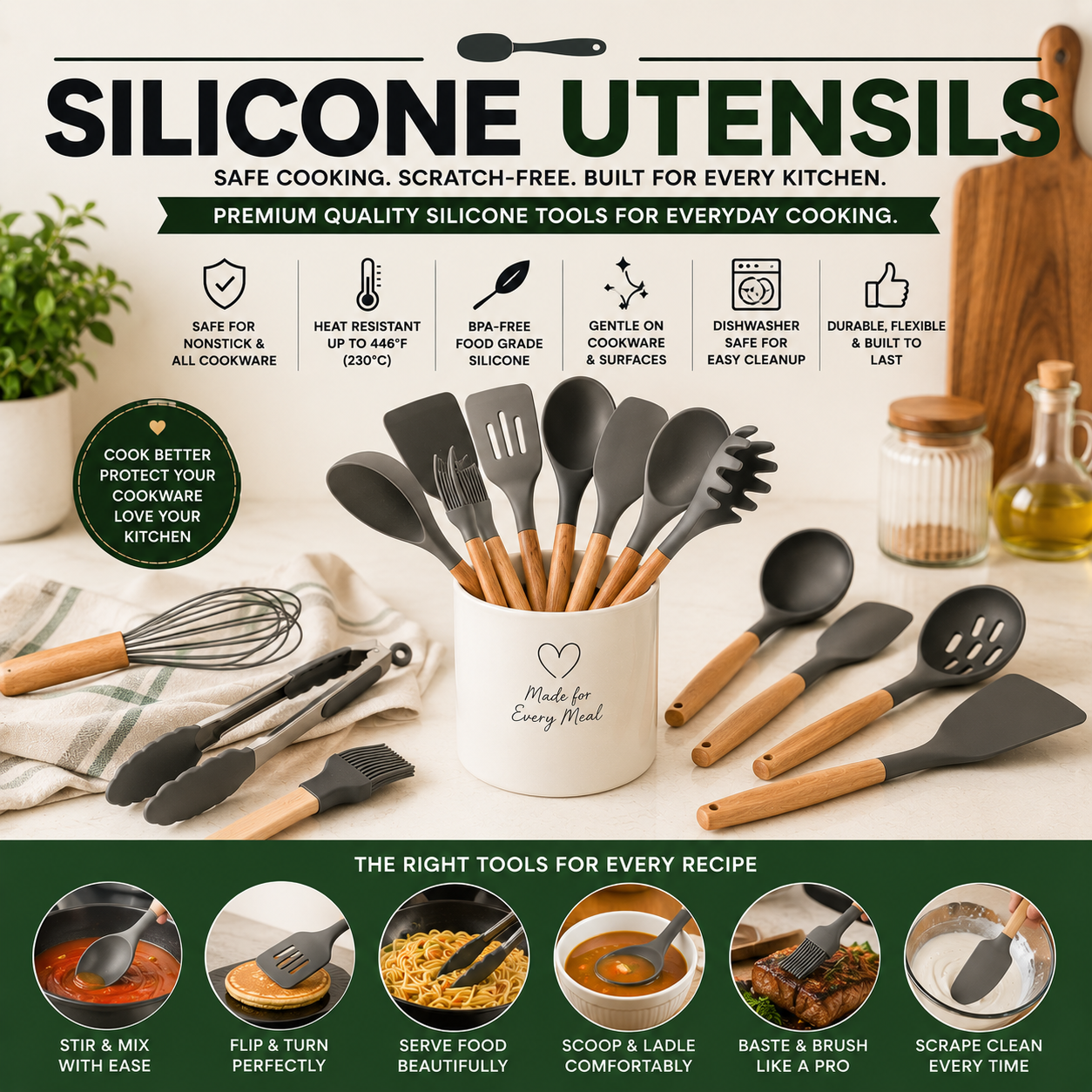 Silicone Utensils Collection Featuring Silicone Spatulas, Cooking Spoons, Turners, Ladles, Tongs, Kitchen Utensil Sets, And Cookware Safe Cooking Tools For Modern Kitchens