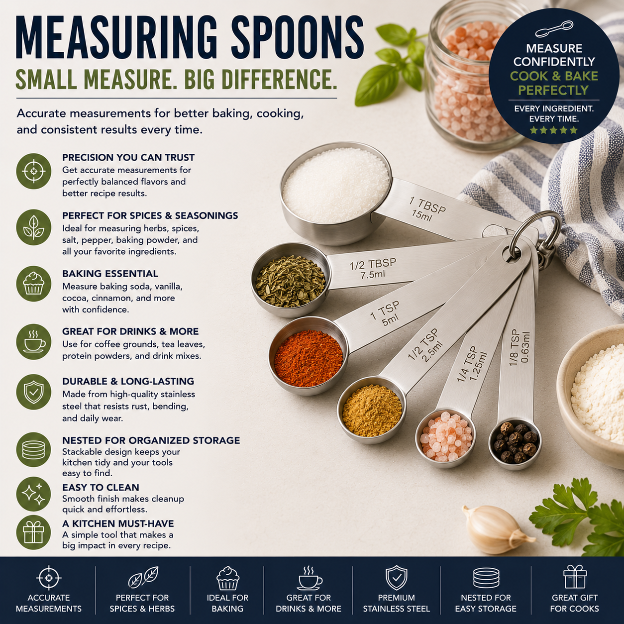 Stainless Steel Measuring Spoons for Baking Ingredients, Spices, Herbs, Coffee Grounds, Protein Powders, Precision Kitchen Measuring Tools, Baking Accessories and Everyday Cooking Essentials