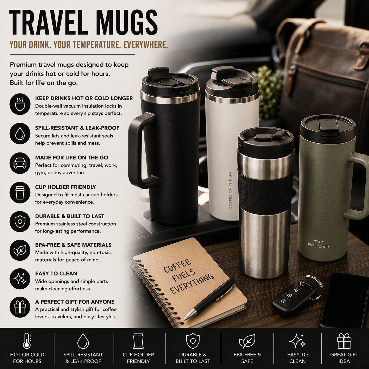 Travel Mugs for Coffee and Tea, Stainless Steel Tumblers, Vacuum Insulated Travel Cups, Thermal Drinkware, Spill Resistant Coffee Mugs, Hot and Cold Beverage Containers and Premium Reusable Drinkware