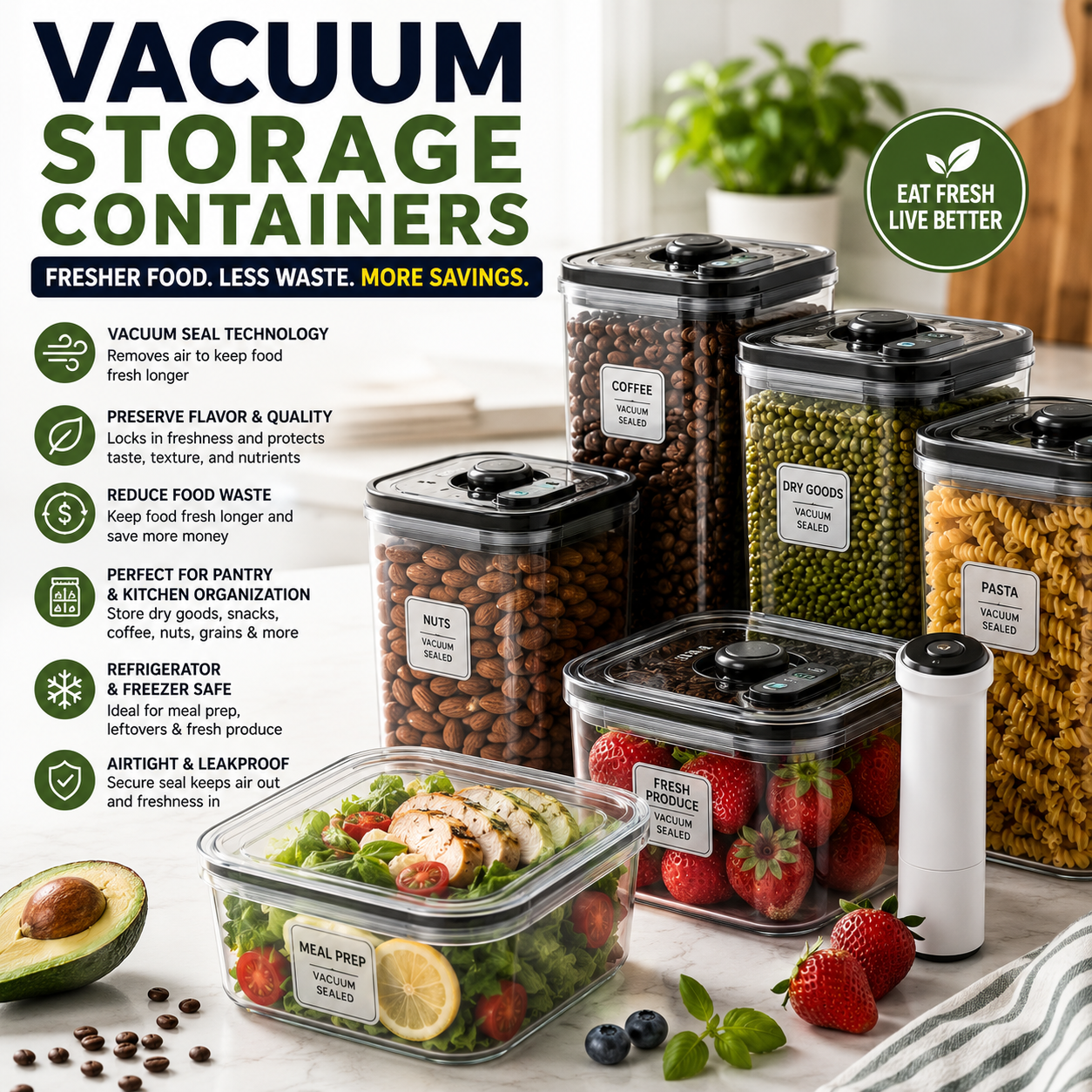 Vacuum Storage Containers for Food Preservation, Vacuum Seal Food Storage, Airtight Produce Storage, Coffee Bean Storage, Meal Prep Containers, Pantry Organization and Refrigerator Food Storage Solutions
