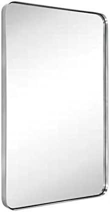 GRACTO 24x36'' Brushed Nickel Metal Framed Bathroom Mirror for Wall in Stainless Steel Rounded Rectangular Bathroom Vanity Mirrors Wall Mounted