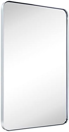 GRACTO 24 x 36'' Polished Nickel Rectangle Bathroom Vanity Mirror for Wall Polished Silver Metal Framed Rounded Rectangular Bathroom Vanity Mirrors, Vertical and Horizontal Hanging…