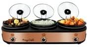 Megachef Triple 2.5 Quart Slow Cooker and Buffet Server in Brushed Copper and Black Finish with 3 Ceramic Cooking Pots and Removable Lid Rests