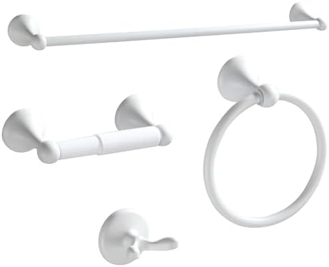BGL Bathroom Accessories Set, White Paint Expandable Towel Bar 4-Piece Bathroom Accessory Set Wall Mounted Towel Ring Robe Hook Toilet Paper Holder Towel Holder