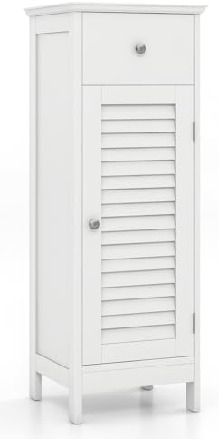 GIANTEX Bathroom Floor Storage Cabinet with Louvered Door and Drawer, White