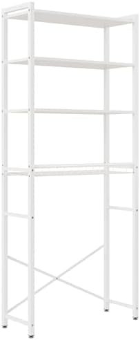 4-Tier Over-the-Toilet Storage Rack with One-Piece Wooden Shelves & Open Net Basket, Bathroom Organizer with Adjustable Feet & Anti-Tip Kit, Space-Saving Toilet Shelf, White, 24.4" x 9.4" x 69.3"