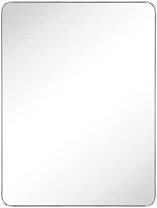 GRACTO 30 x 40'' Chrome Rectangle Bathroom Vanity Mirror for Wall Polished Silver Metal Framed Rounded Rectangular Bathroom Vanity Mirrors Vertical and Horizontal Hanging