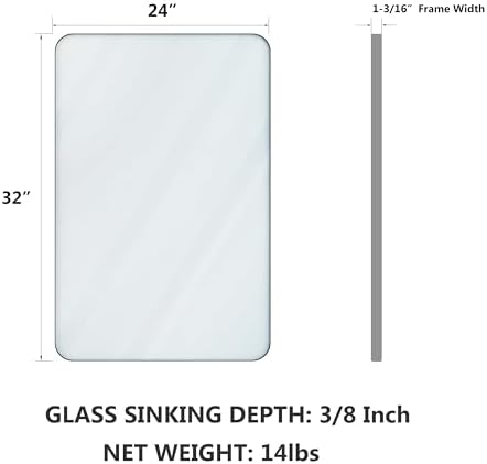 VocalStar Silver Bathroom Mirror for Wall, 24 x 32 Inch Rounded Rectangle Nickel Metal Framed Bathroom Vanity Mirrors, 1/4-inch Shatterproof Glass | Ultra-Flush Hanging