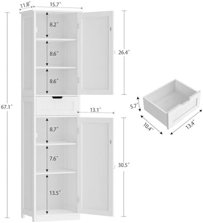 Iwell 66.9" Tall Bathroom Cabinet, Storage Cabinet with 2 Doors & 1 Drawer, Bathroom Storage Cabinets with Adjustable Shelves, for Living Room, Entryway, Home Office, White