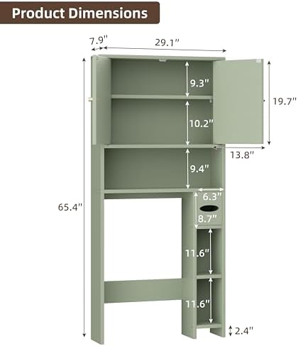 Shintenchi Over the Toilet Storage Cabinet, Bathroom Storage Cabient with Barn Doors, Bathroom Storage Shelf Organizer with Toilet Paper Holder, Adjustable Shelf and Anti-Tip Device, Green
