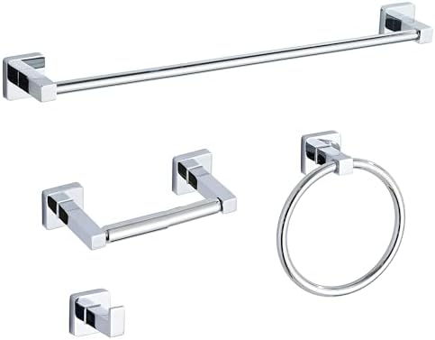 Chrome Bathroom Hardware Set 4 Pieces,Bathroom Accessories Set Stainless Steel Wall Mounted, Hand Towel Bar, Towel Ring, Robe Towel Hooks,Toilet Paper Holder,Towel Bar Set, 23.6 Inch
