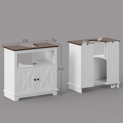 kleankin Farmhouse Under Sink Bathroom Cabinet, Pedestal Vanity Storage Cabinet with Double Doors and Storage Shelves, Bathroom Organizer, White