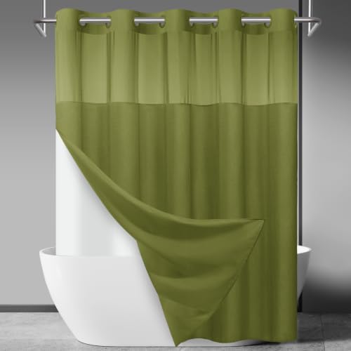 SORTTO No Hook Slub Shower Curtain with Liner, 71x74, Olive