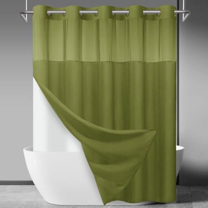 SORTTO No Hook Slub Shower Curtain with Liner, 71x74, Olive