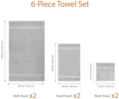 Amazon Basics 6-Piece Fade-Resistant 100% Cotton Towel Set for Bathroom, Soft and Absorbent, 2 Bath Towels, 2 Hand Towels, 2 Washcloths, Gray