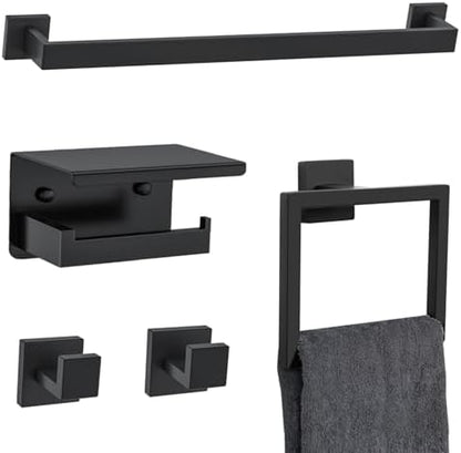 5 Pieces Black Towel Bar Set Bathroom Hardware Accessories Set Upgraded Toilet Paper Holder with Shelf Towel Holder Set for Bathroom Stainless Steel Wall Mounted