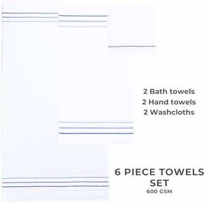 Bath Towels Set for Bathroom – Luxury 6-Piece Cotton Towels, Soft Absorbent & Quick Dry, 600 GSM Bath Towels for Bathroom, Hotel Spa Quality (White/Blue Azure, 6- Bath Towel Set)