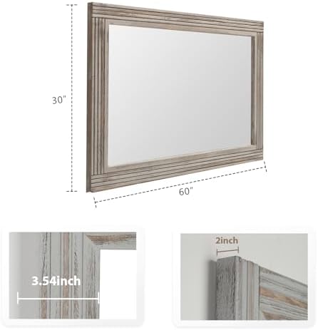 YOSHOOT Hand-Made Wooden Spliced Wall Mirror for Bathroom, Rustic Farmhouse Vanity Mirror, Décor Wall Art, Solid Wood Frame, Vertical or Horizontal Hanging, 60" x 30", Grey