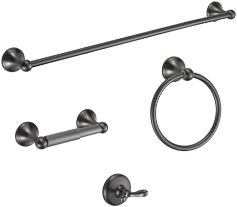BGL Bathroom Hardware Set Grey Electroplating 4-Piece Bathroom Accessories Set Wall Mounted Adjustable Towel Bar Robe Hook Toilet Paper Holder Towel Ring Glossy Grey