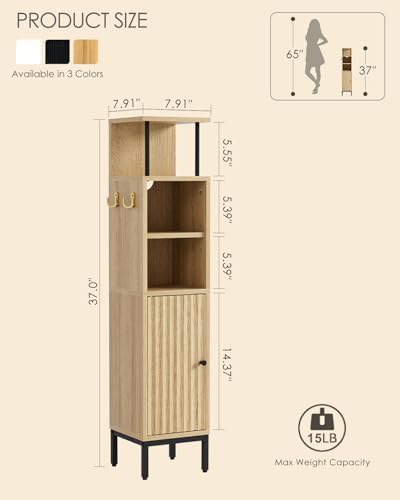 Bathroom Storage Cabinet,Small Corner Floor Cabinet with 2 Hook,Narrow Tall Toilet Paper Cabinet with Adjustable Shelves,Bathroom Organizer for Living Room,Small Spaces (Wave, Oak-37''H)