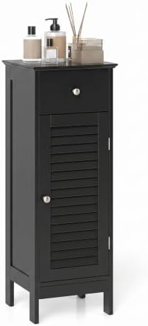 GIANTEX Bathroom Floor Storage Cabinet with Louvered Door and Drawer, Black