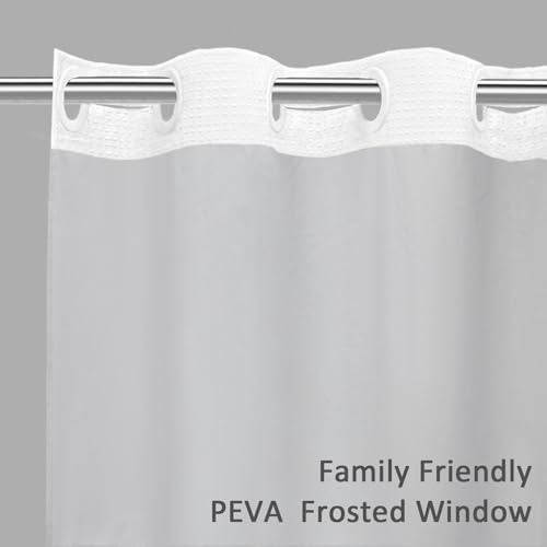 No Hook Shower Curtain with Liner Hotel Waffle PEVA Window White 72W X 75L