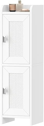 Akxomel Rattan Small Bathroom Cabinet Narrow Toilet Paper Organizer White