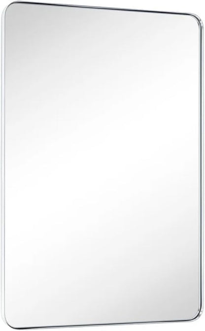 GRACTO 30 x 40'' Polished Nickel Rectangle Bathroom Vanity Mirror for Wall Polished Silver Metal Framed Rounded Rectangular Bathroom Vanity Mirrors, Vertical and Horizontal Hanging…