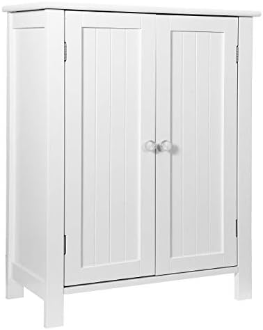 ZENY Bathroom Floor Storage Cabinet with Double Door + Adjustable Shelf, Wooden Organizer Cabinet for Living Room, Bathroom, Bedroom, Modern Home Furniture (White)