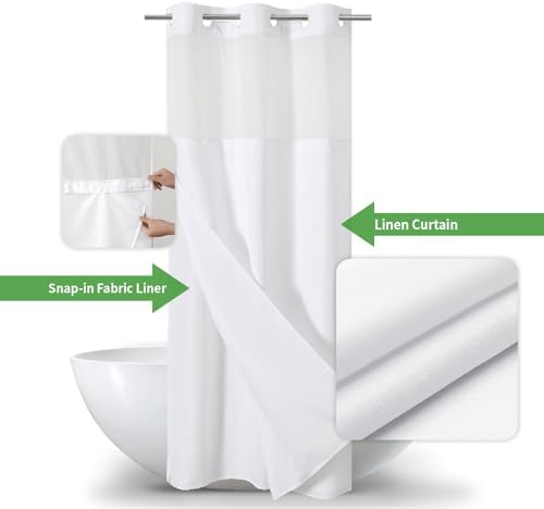 eachope No Hook Linen Texture Shower Curtain with Snap-in Liner,36x74 White