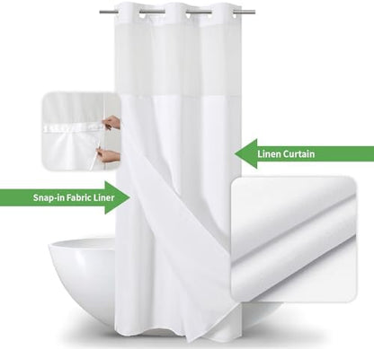 eachope No Hook Linen Texture Shower Curtain with Snap-in Liner,36x74 White
