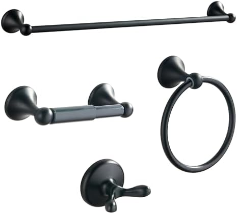 BGL Bathroom Accessory Set, Matte Black Adjustable Expandable Towel Bar 4-Piece Bathroom Hardware Set Wall Mounted Robe Hook Toilet Paper Holder Towel Ring Towel Bar