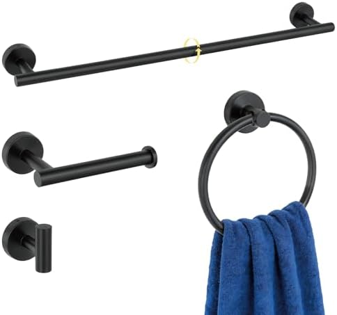 HOMOTEK 4 Pieces Bathroom Accessories Hardware Set, 24 inch Towel Bar, Towel Ring, Robe Hook, Toilet Paper Holder, Stainless Steel Rack Kit Wall Mounted, Matte Black