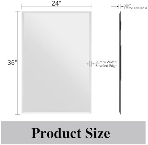Frameless Bathroom Mirror, 24" x 36" Beveled Wall Mirror