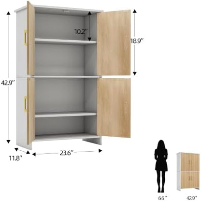 Bathroom Storage Cabinet, Floor Cabinet with 4 Fluted Doors and 2 Adjustable Shelves Wooden Tall Freestanding Organizers and Storage,White