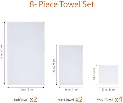 Amazon Basics 100% Cotton Soft Quick-Dry 8-Piece Towel Set, Bath Towels, Hand Towels, Washcloths, White, Compact & Lightweight (Pack of 6)