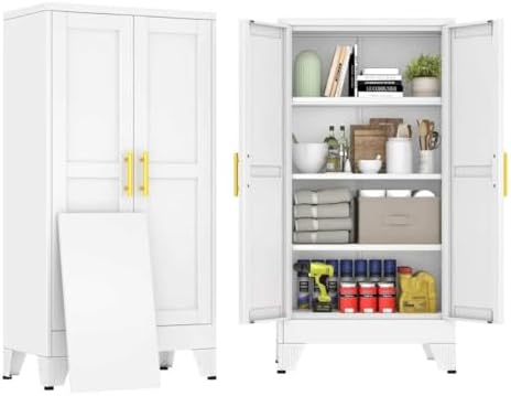 47" White Metal Storage Cabinet with 2 Doors and 3 Adjustable Shelves,Steel Garage Tool Cabinet, File Cabinet,Kitchen Pantry Cabinet for Home,Office,Garage,School,Warehouse