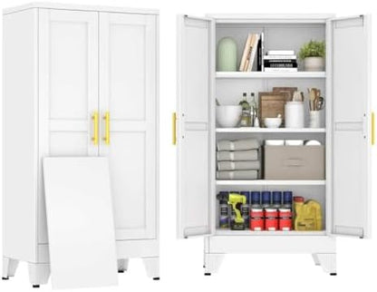 47" White Metal Storage Cabinet with 2 Doors and 3 Adjustable Shelves,Steel Garage Tool Cabinet, File Cabinet,Kitchen Pantry Cabinet for Home,Office,Garage,School,Warehouse